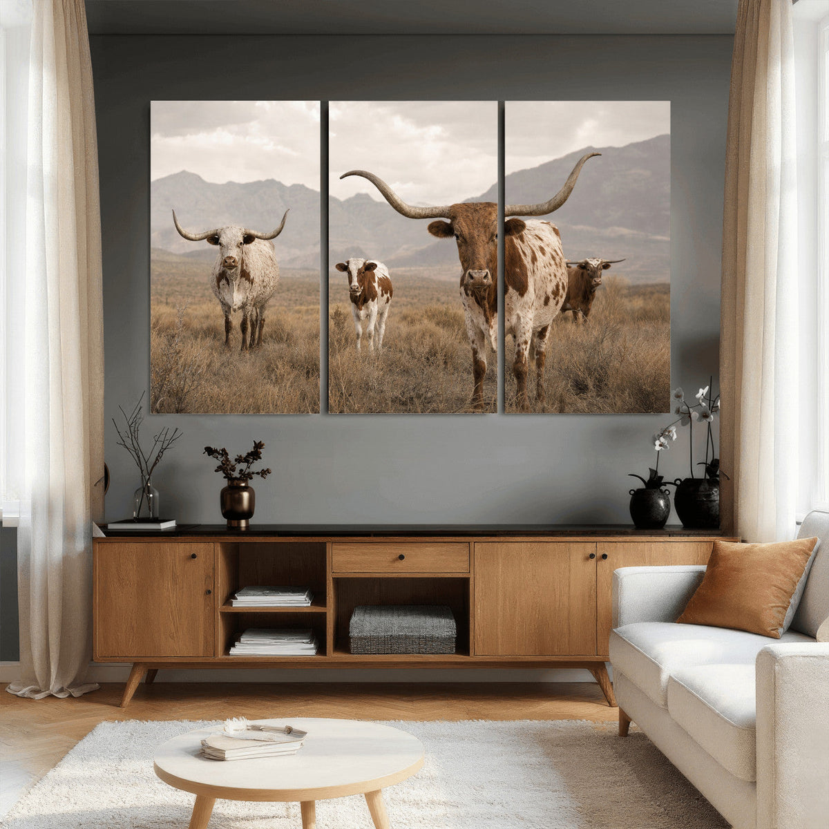 Rustic Texas Longhorn Cow Canvas Wall Art Print, Rustic Farm Animal