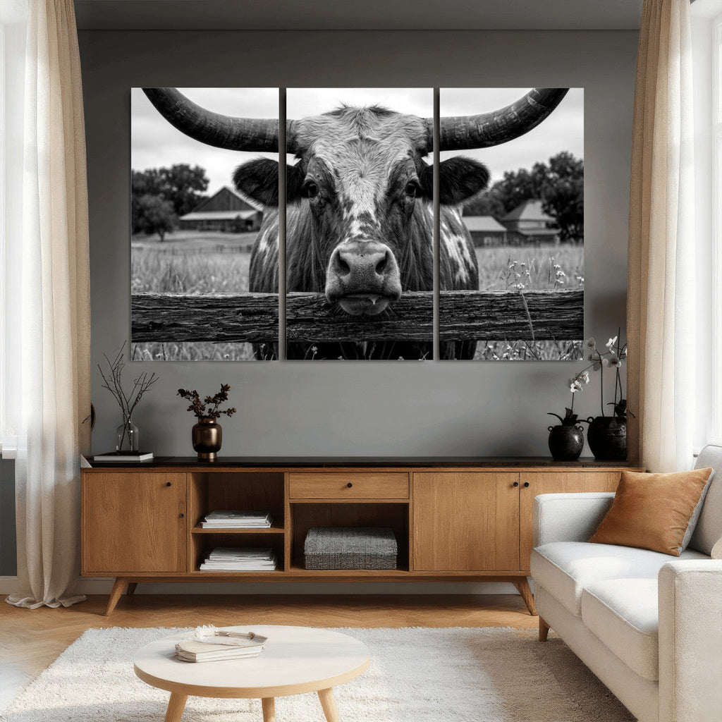 Black White Texas Longhorn Bull Canvas Wall Art, Western Ranch Cattle