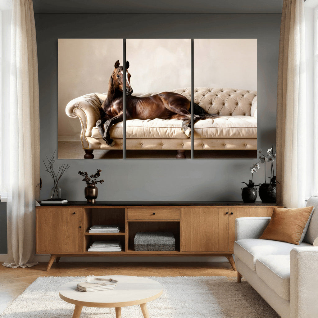Funny Horse on Sofa Canvas Wall Art, Quirky Horse Lounging Photo