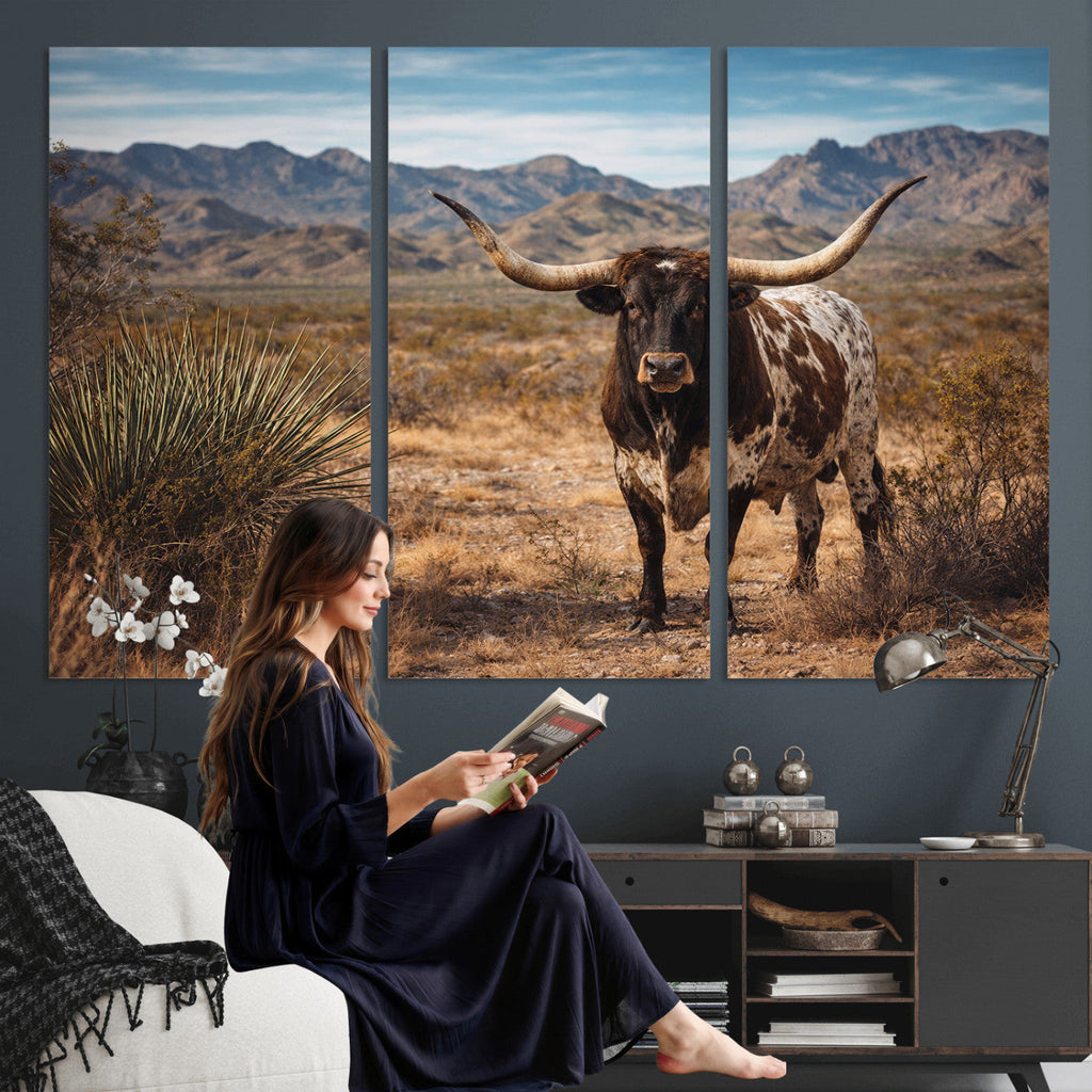 Texas Longhorn Bull Wall Art Canvas Print, Western Farmhouse Decor