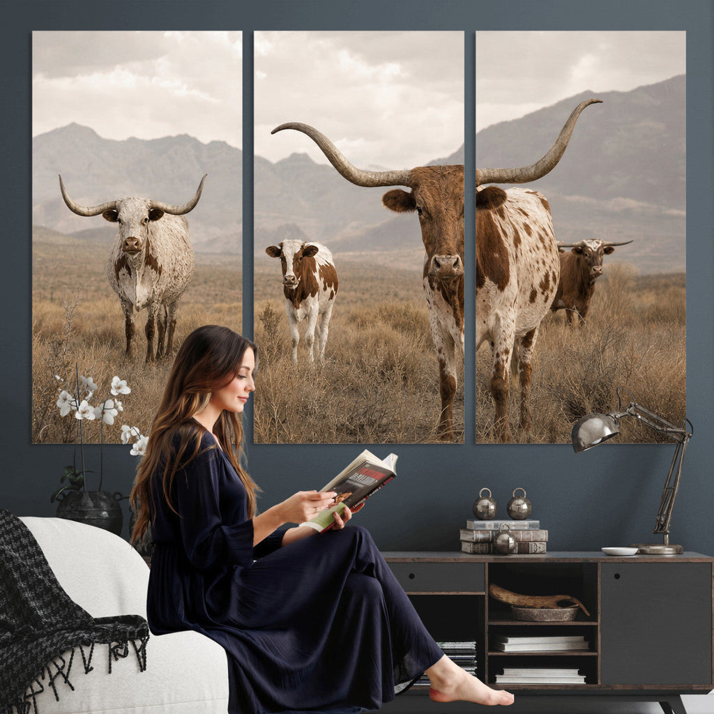 Rustic Texas Longhorn Cow Canvas Wall Art Print, Rustic Farm Animal