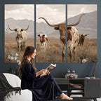 Rustic Texas Longhorn Cow Canvas Wall Art Print, Rustic Farm Animal