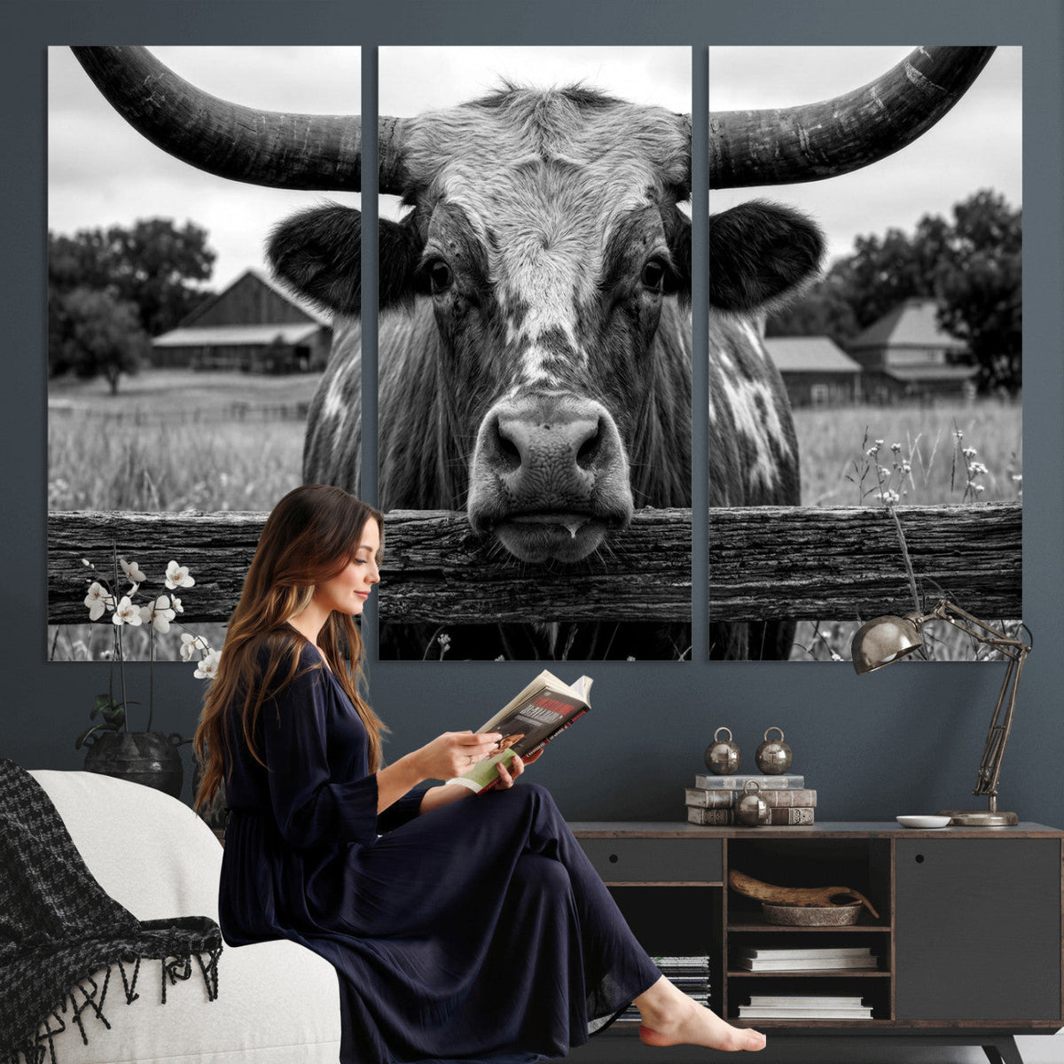 Black White Texas Longhorn Bull Canvas Wall Art, Western Ranch Cattle