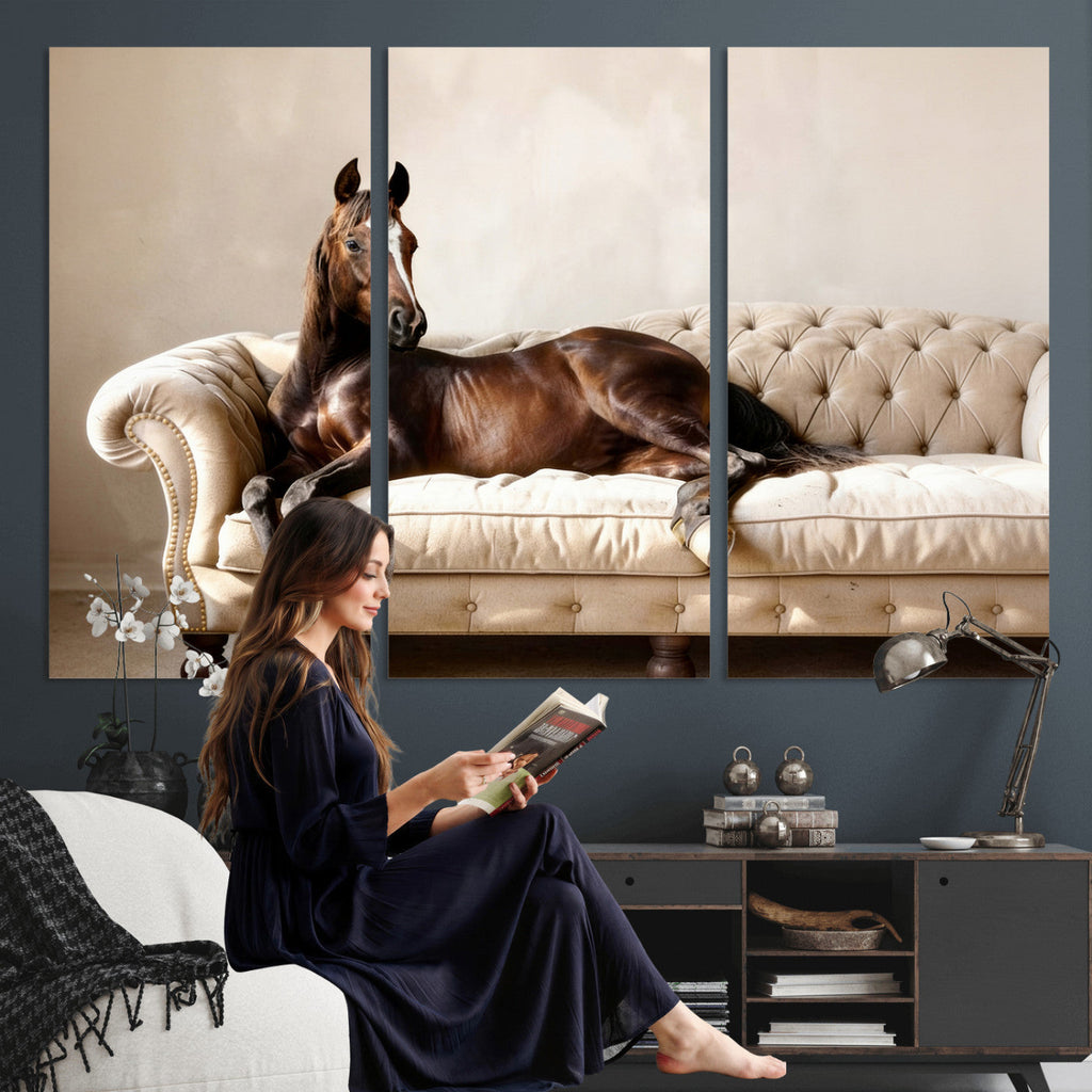Funny Horse on Sofa Canvas Wall Art, Quirky Horse Lounging Photo