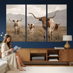 Rustic Texas Longhorn Cow Canvas Wall Art Print, Rustic Farm Animal
