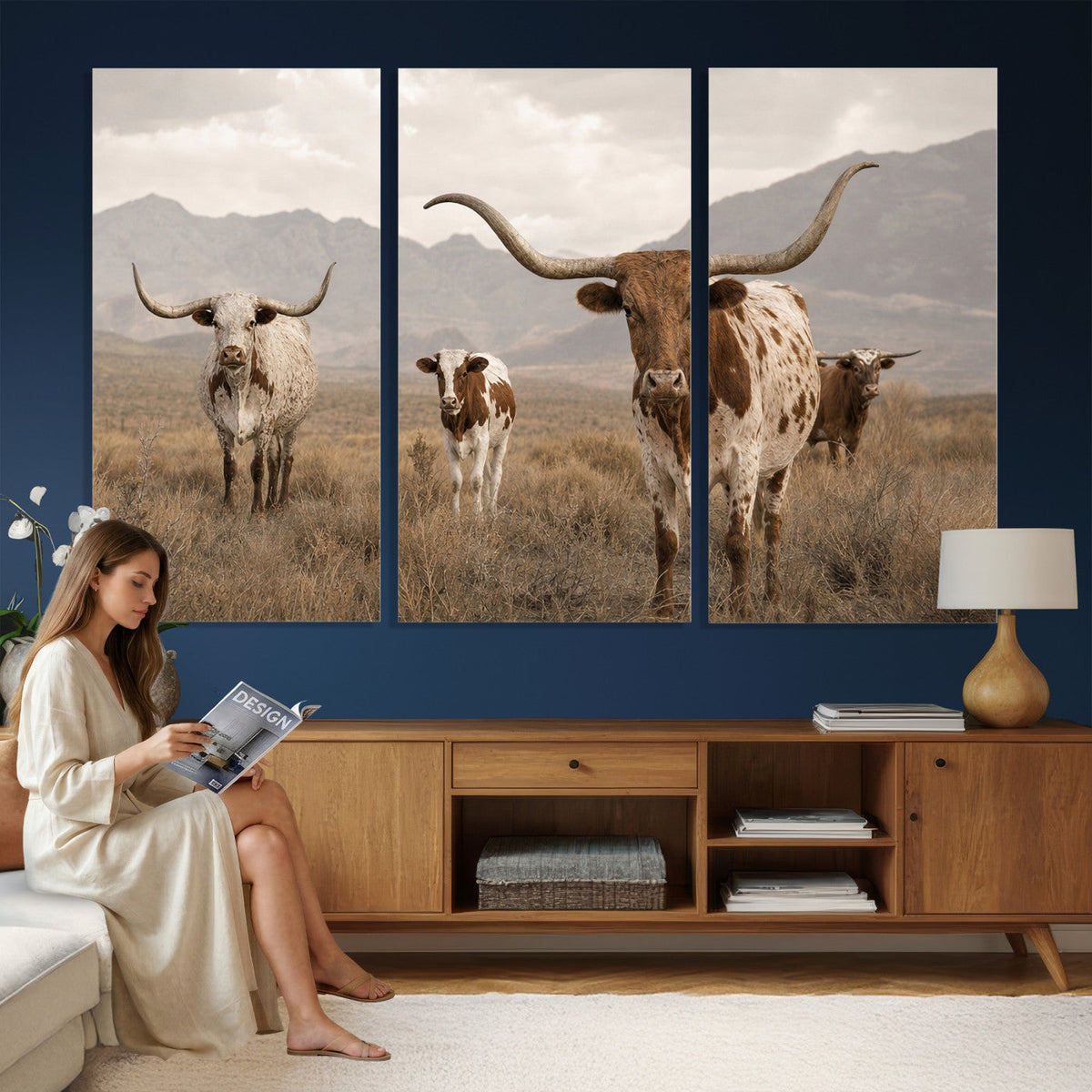 Rustic Texas Longhorn Cow Canvas Wall Art Print, Rustic Farm Animal