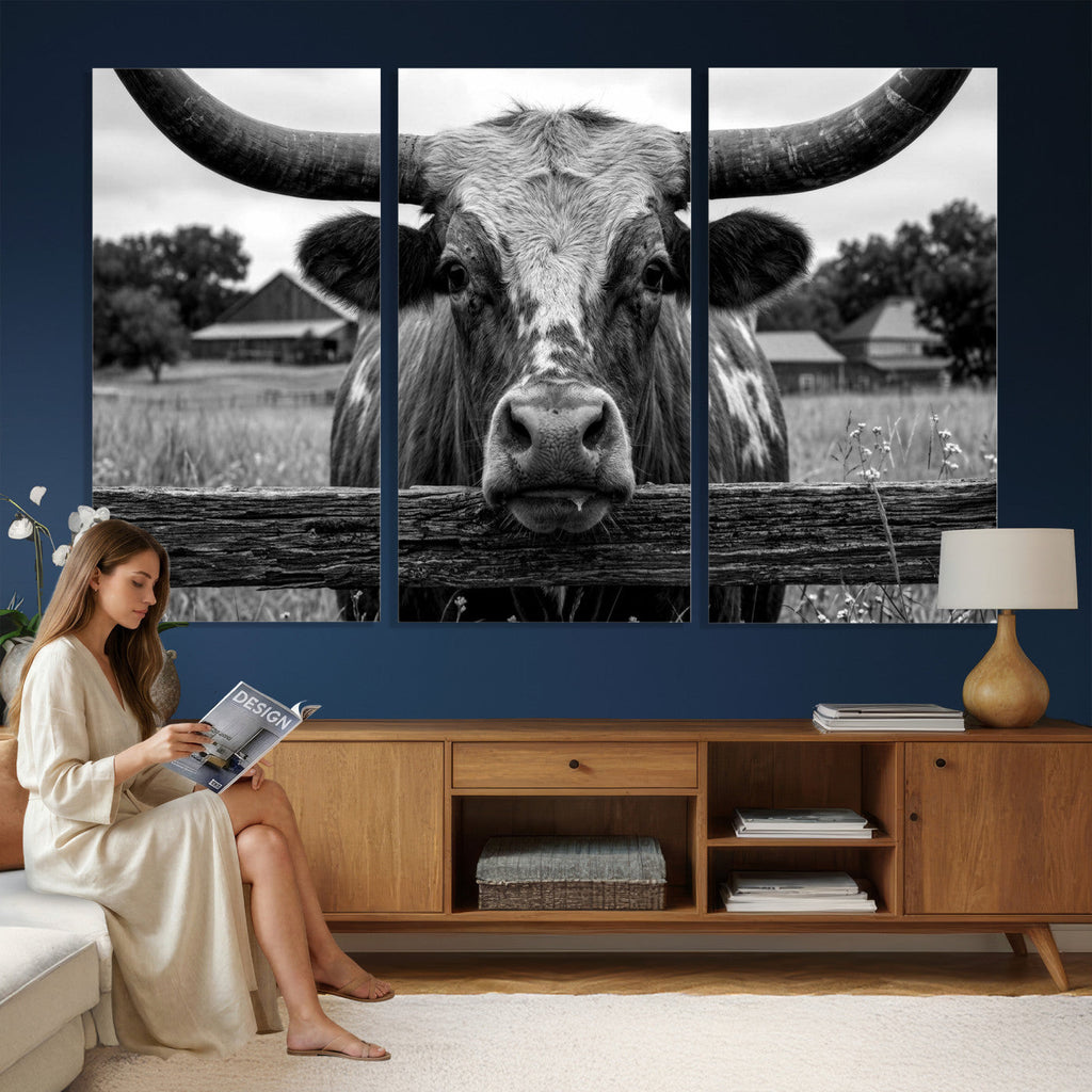 Black White Texas Longhorn Bull Canvas Wall Art, Western Ranch Cattle