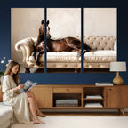 Funny Horse on Sofa Canvas Wall Art, Quirky Horse Lounging Photo