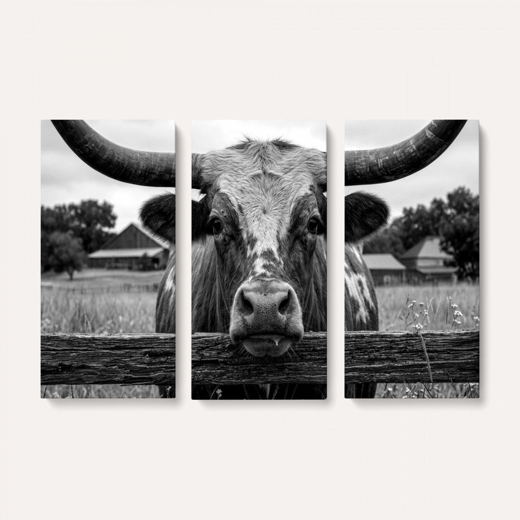 Black White Texas Longhorn Bull Canvas Wall Art, Western Ranch Cattle