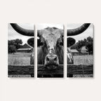 Black White Texas Longhorn Bull Canvas Wall Art, Western Ranch Cattle
