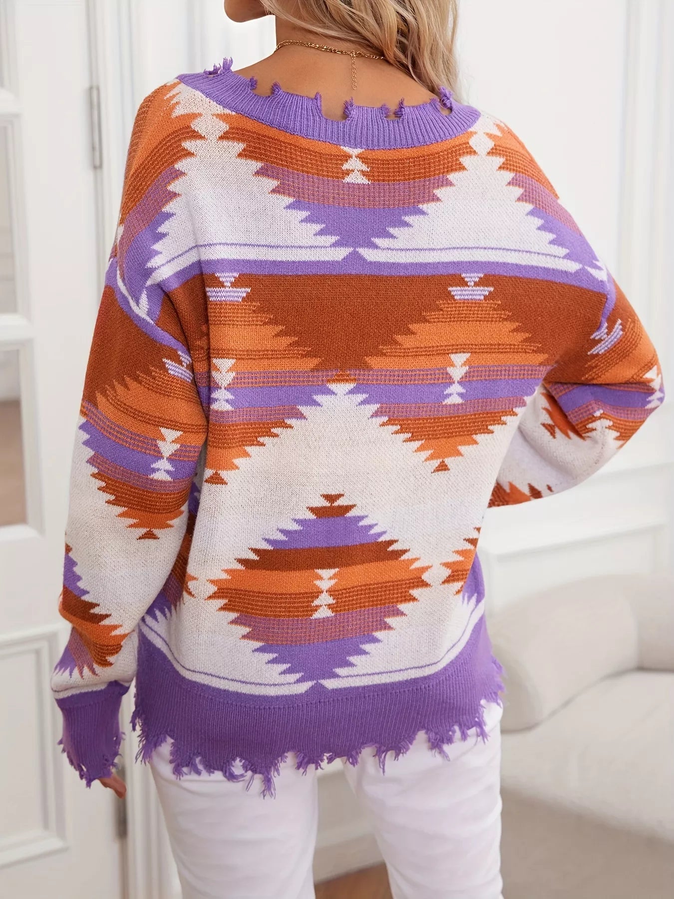 Geometric Frayed Hem V-Neck Long Sleeve Sweater 4 Color Options