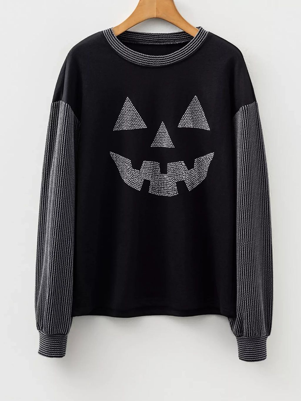 Halloween Rhinestone Pumpkin Face Contrast Ribbed Long Sleeve Patchwork Top