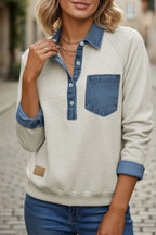 Gray Denim Collar Patchwork Long Sleeve Pullover Top
