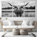 Black White Texas Longhorn Bull Canvas Wall Art, Western Ranch Cattle, Framed and Ready to Hang
