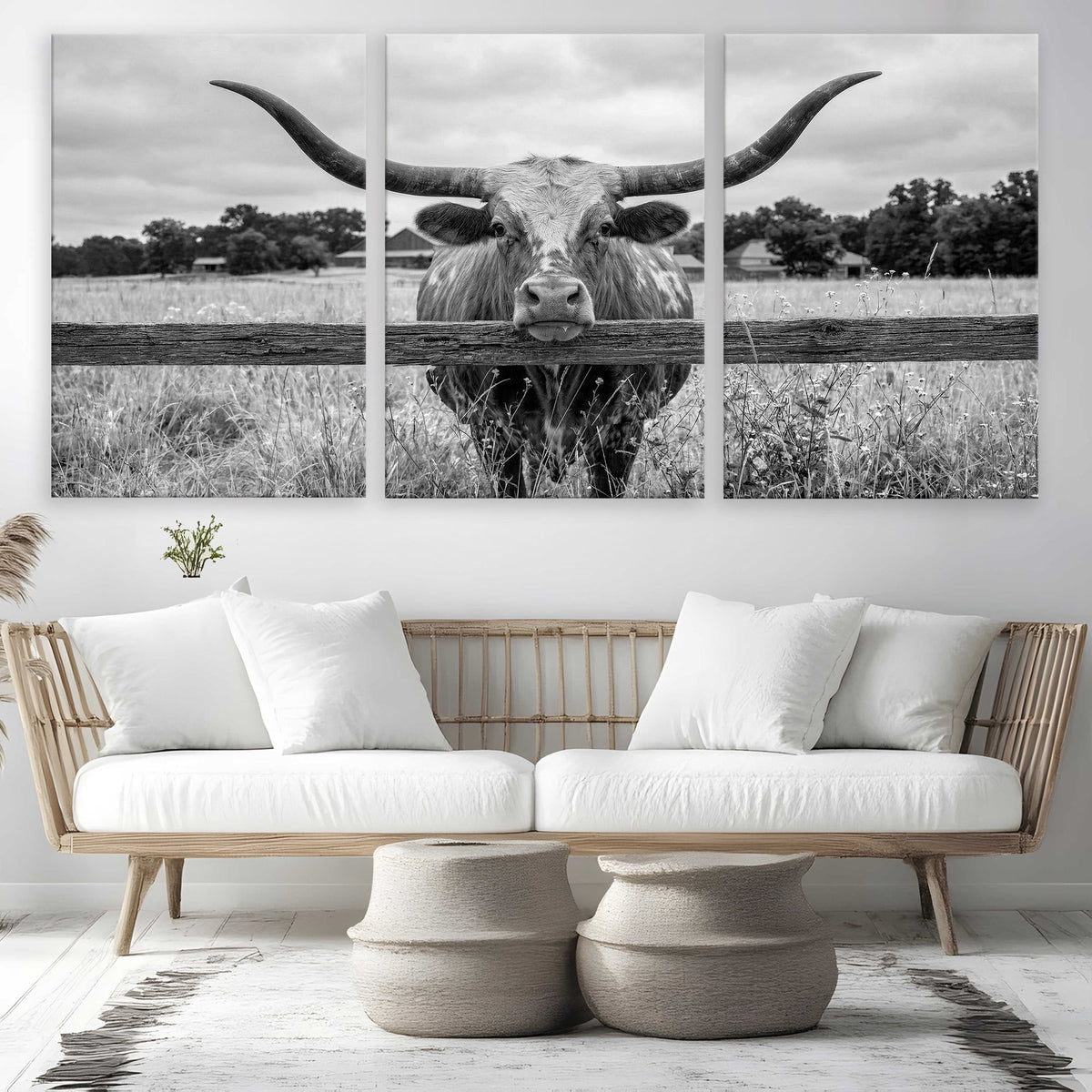 Black White Texas Longhorn Bull Canvas Wall Art, Western Ranch Cattle, Framed and Ready to Hang