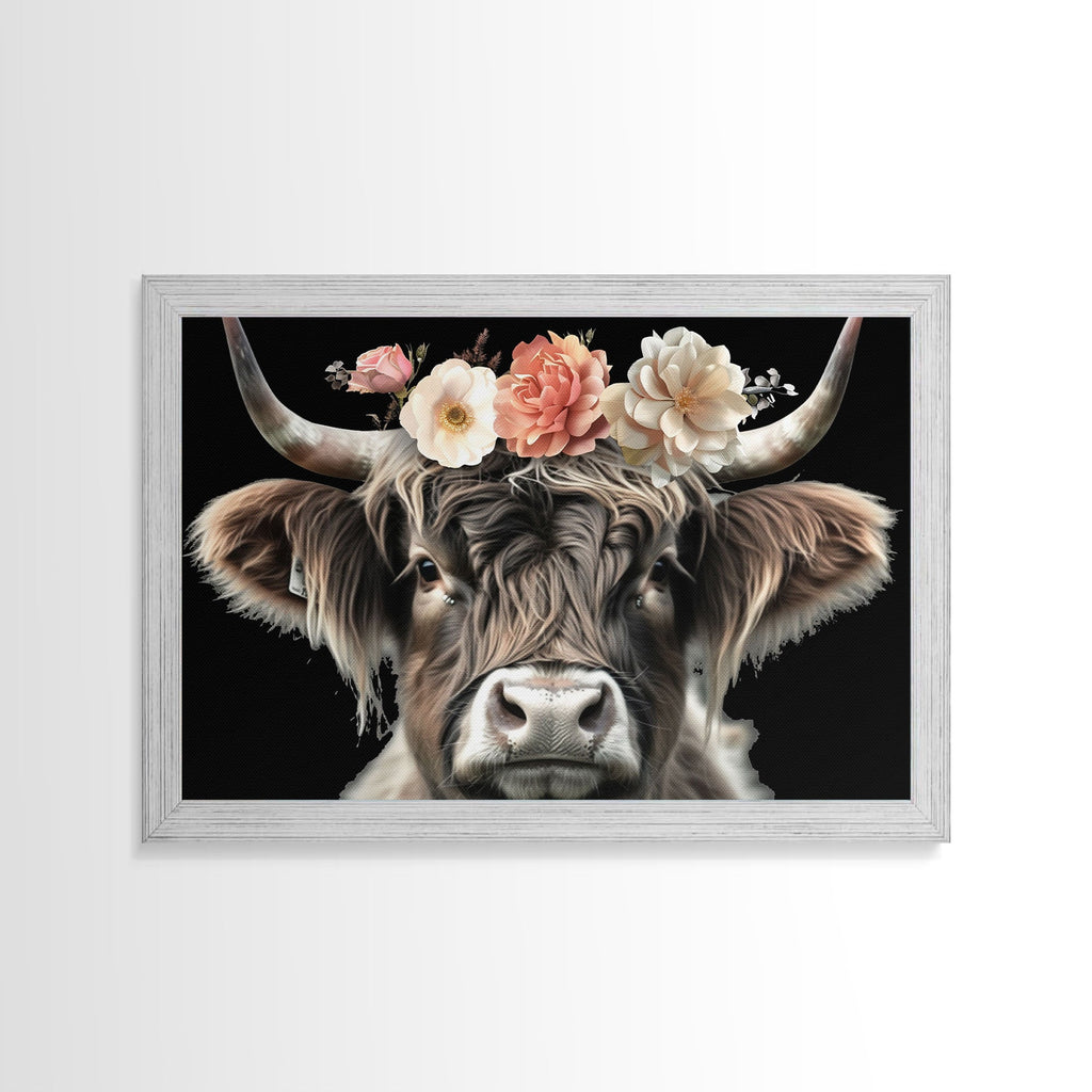 Framed Highland Cow With Flowers Painting canvas print Farmhouse art Cattle Wooden background Country wall art Cow print Rustic Wall Art