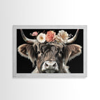 Framed Highland Cow With Flowers Painting canvas print Farmhouse art Cattle Wooden background Country wall art Cow print Rustic Wall Art