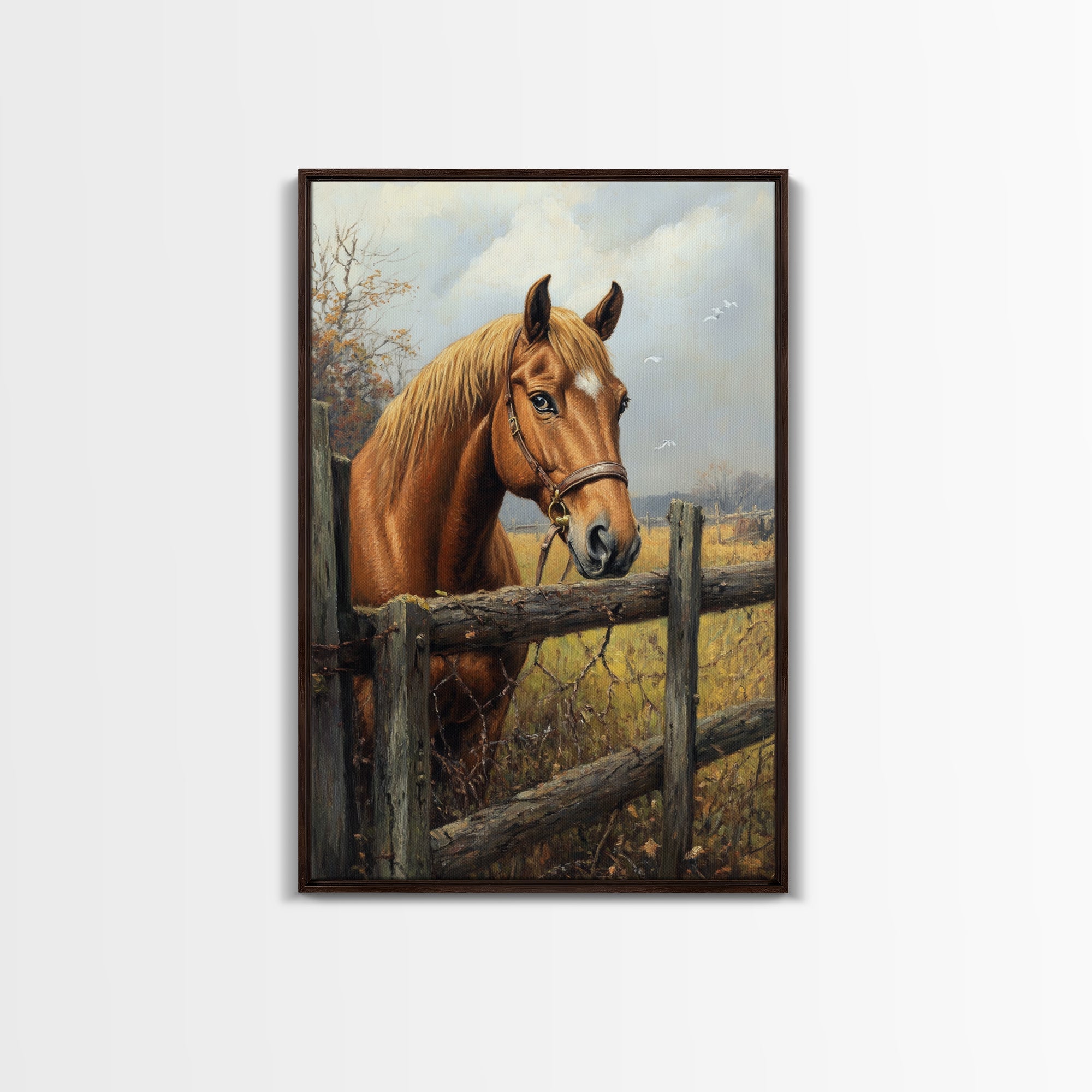 Farmhouse Horse Framed Canvas Print, Rustic Landscape Painting, Fall Bedroom Art, Gift Idea for Her, Cottagecore Wall Art