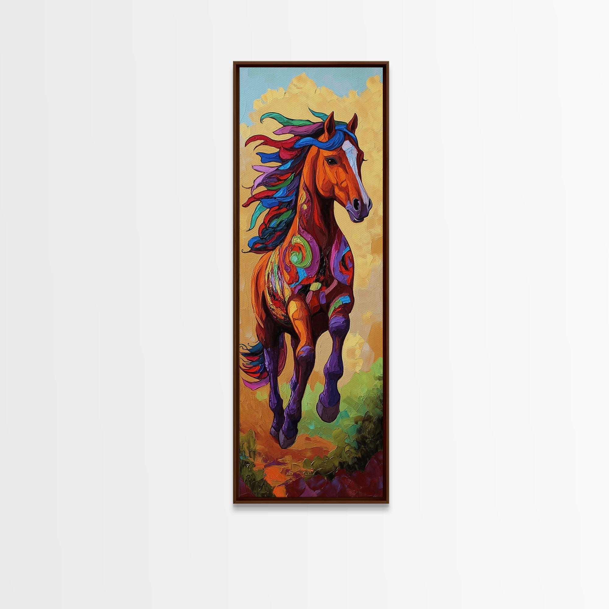 Horse Running, Abstract, Wild, Framed Canvas Print, Western Wall Art, Colorful Animal Decor, Rustic Living Room Art, Bold Horse Painting