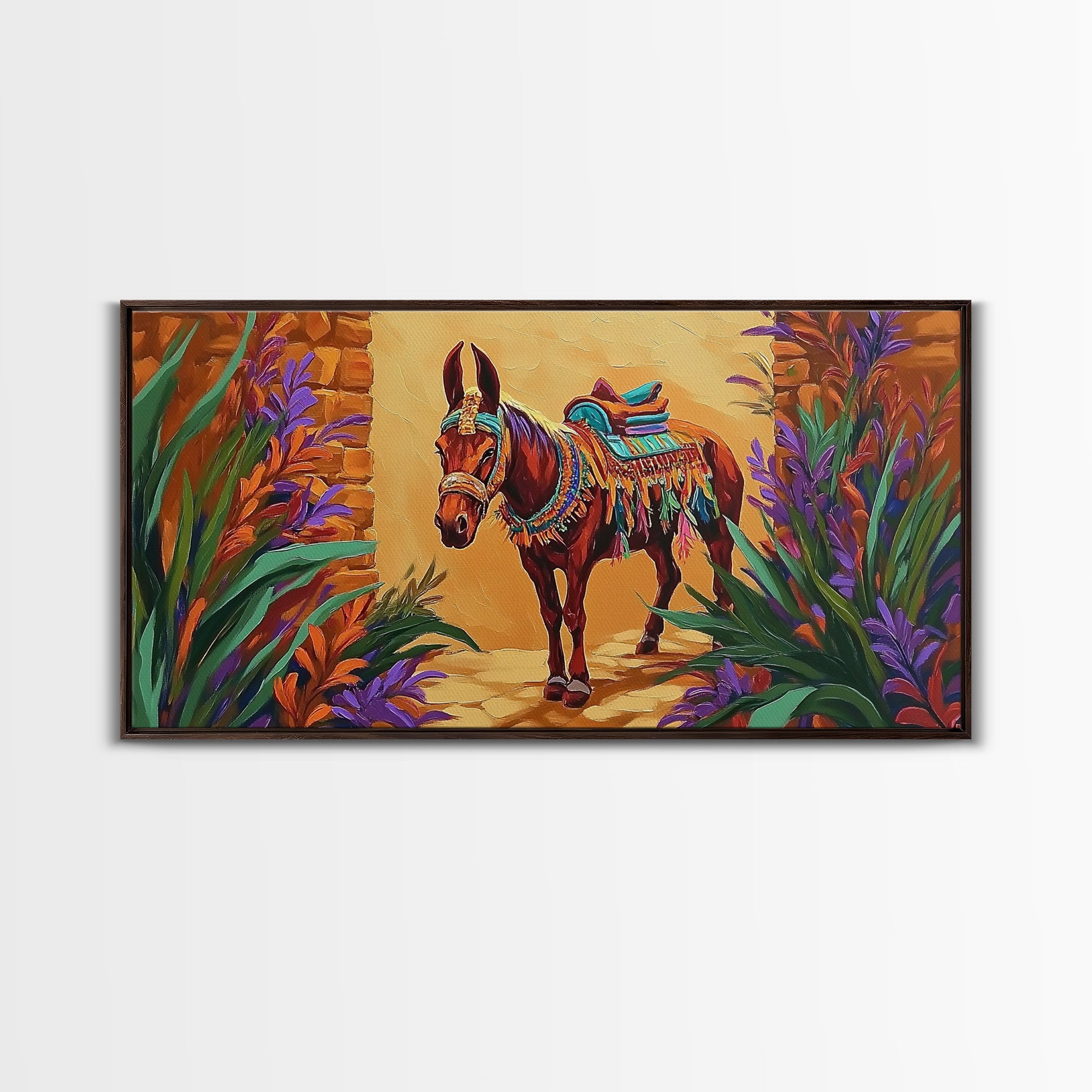 Fiesta Mule, Desert Horse, Rustic Charm, Framed Canvas Print, Western Wall Art, Entryway Decor, Colorful Southwest Painting