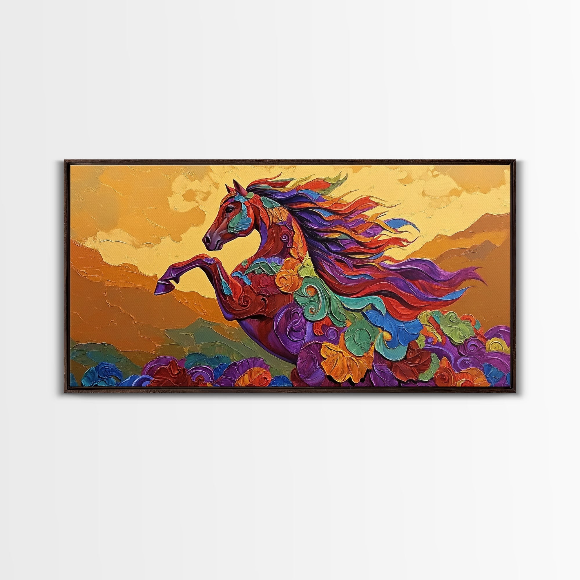 Horse Spirit, Sunset, Boho, Framed Canvas Print colorful western wall art, wild horse living room decor, boho equestrian nature artwork
