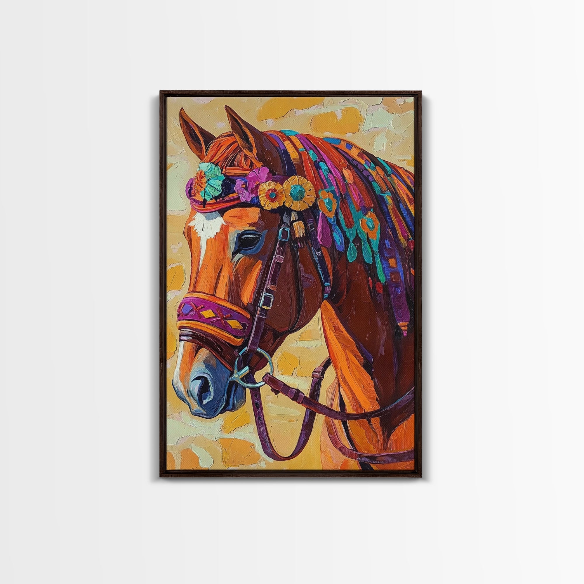 Horse Floral, Boho, Western, Framed Canvas Print colorful western horse painting, vibrant floral cowgirl decor, rustic farmhouse wall art