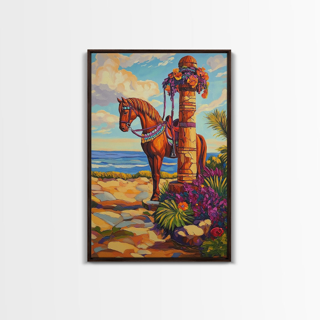 Horse Coast, Sky, Western, Framed Canvas Print scenic cowboy horse art, rustic western ocean view decor, farmhouse wall accent