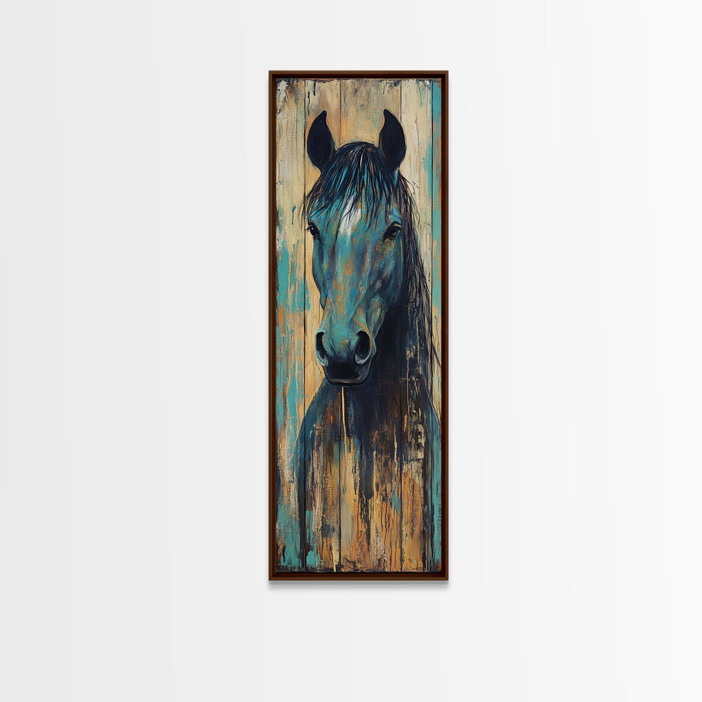Rustic Blue Horse Painting Canvas Print Farmhouse Wall Art Vintage Horse Art Moody Art Living Room Art Southwest Wall Art