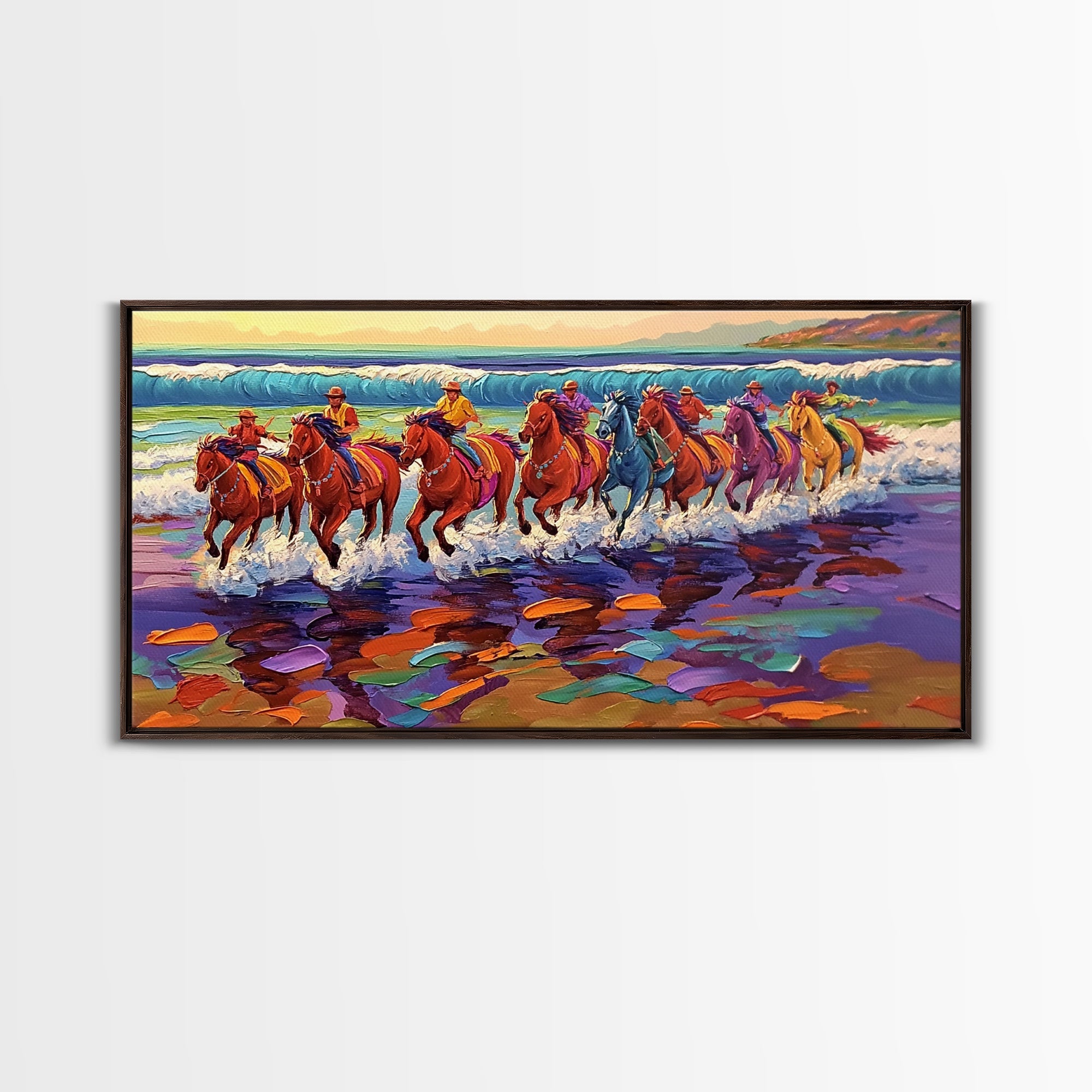 Galloping Horses, horse painting, vintage horse art, framed canvas print, coastal cowgirl wall art, whimsical art, rustic wall art