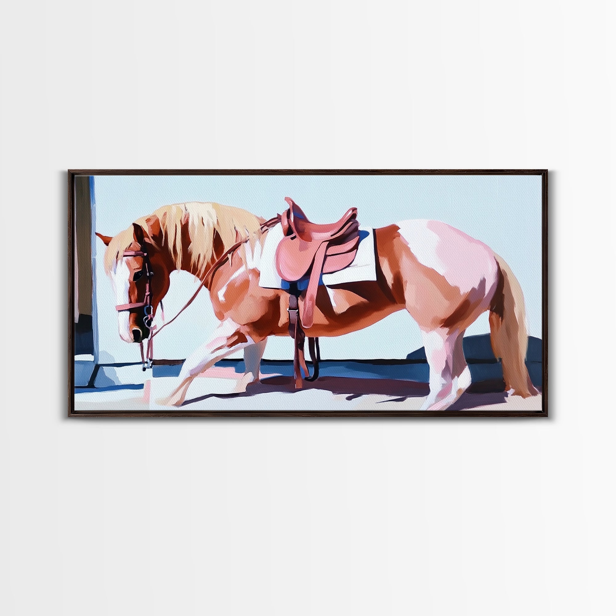 Saddled Horse Art, Vintage Horse Painting, Equestrian Wall Art, Rustic Western Decor, Framed Canvas Print, Gift Idea, Country Home Decor