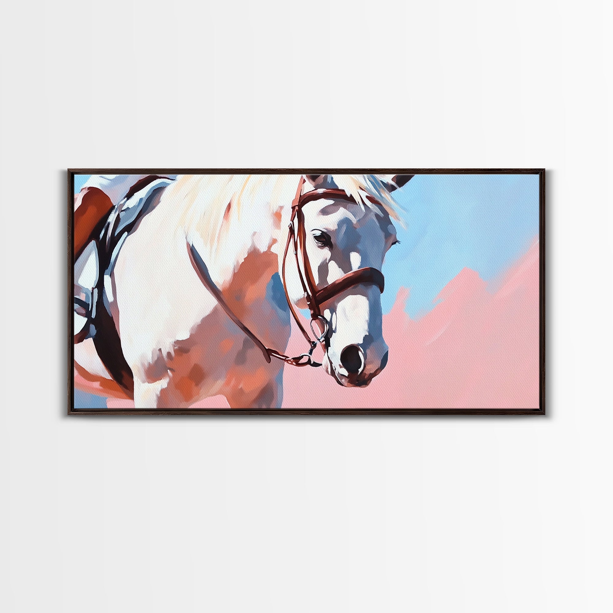 White Horse Art, Vintage Horse Painting, Pink and Blue Wall Art, Rustic Decor, Framed Canvas Print, Equestrian Gift, Farmhouse Art