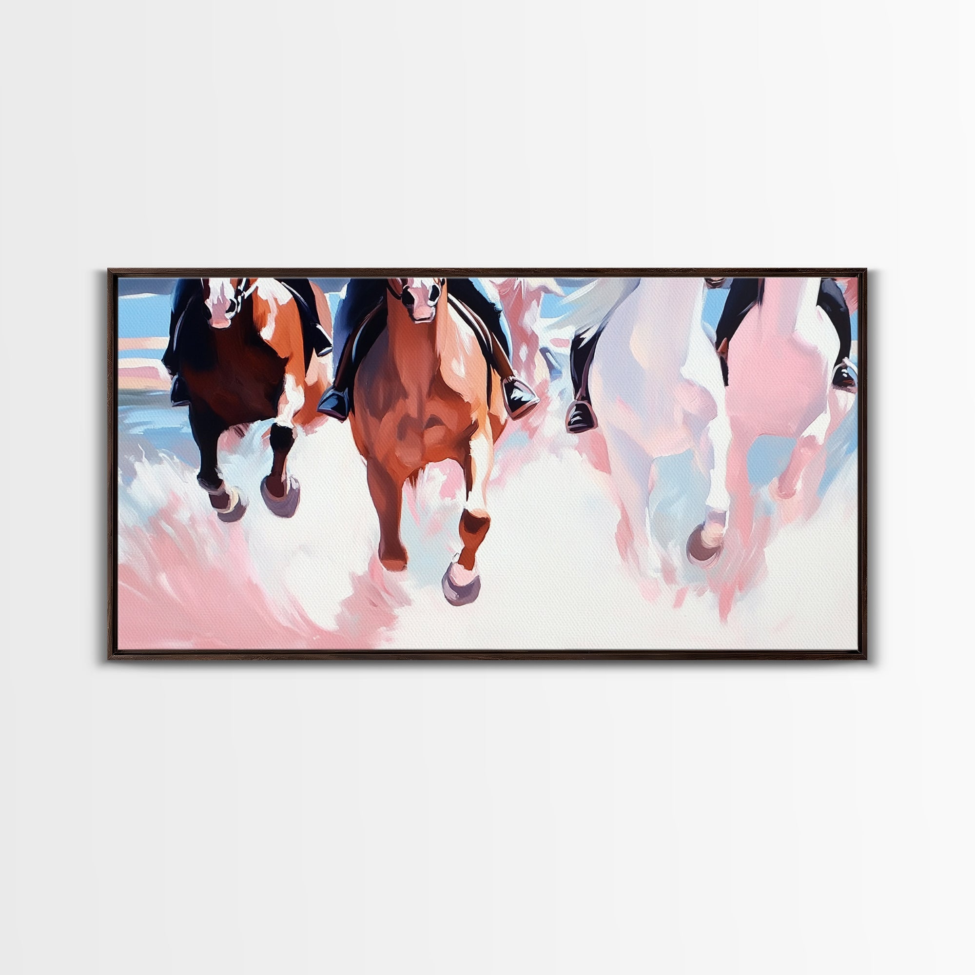 Wild Horses Running, horse wall art, rustic decor, extra wide art, panoramic painting, vintage horse art, framed canvas print