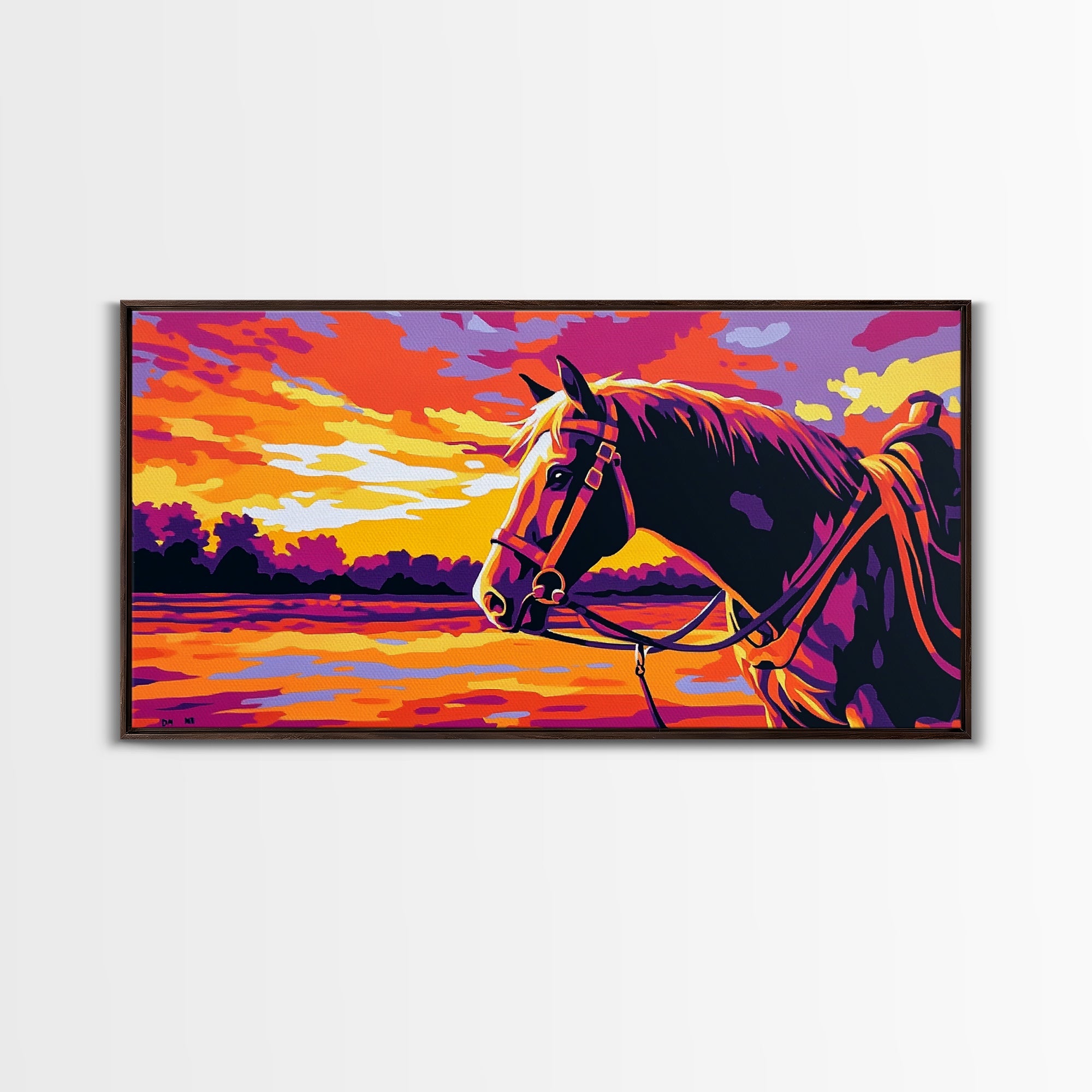 Horse Landscape, vintage horse art, sunset painting, rustic decor, western theme, panoramic painting, canvas print