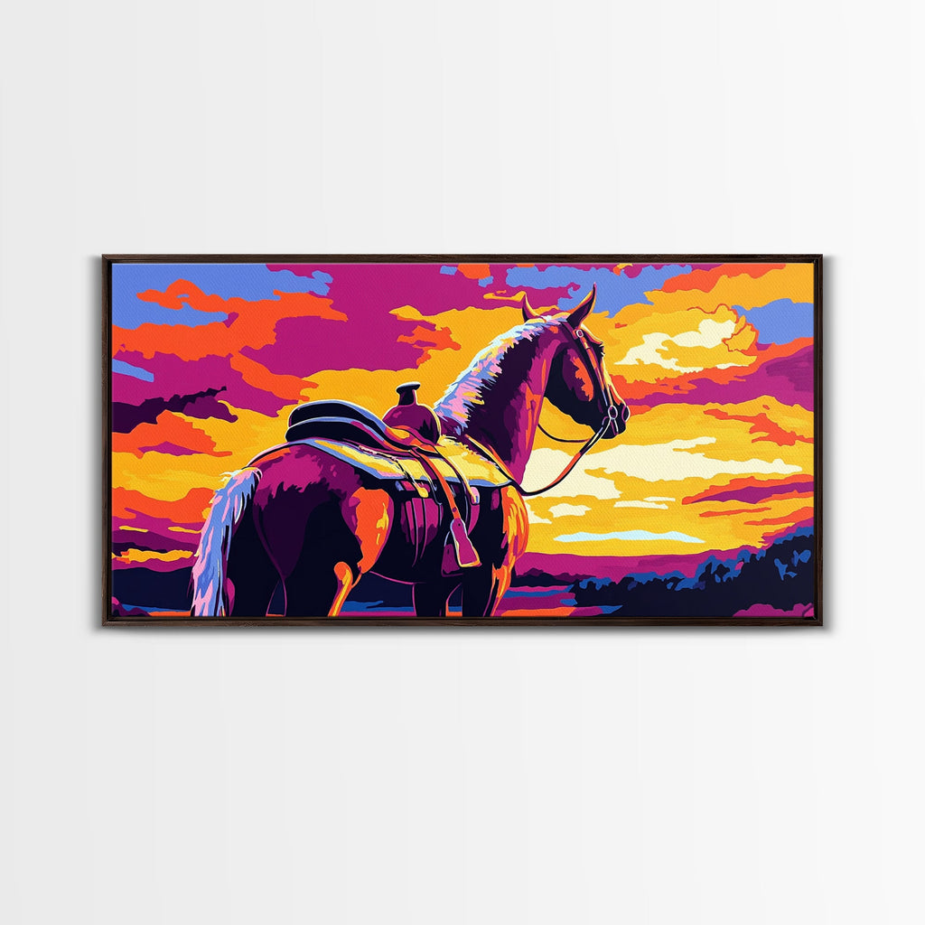 Saddled horse, sunset view, western ranch, cowboy aesthetic, rustic decor, farmhouse painting, moody art, canvas print