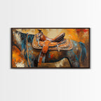 Western Saddle Art, Canvas Print, Rustic Decor, Moody Art, Southwest Wall Art, Extra Wide Art, Above Bed Wall Art, Farmhouse Wall Art