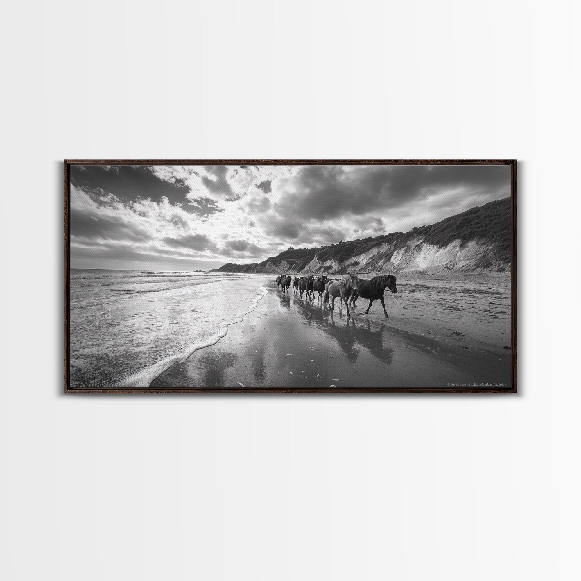 Wild Horses, vintage horse art, rustic decor, equestrian painting, black and white photography, ocean painting, coastal wall art, Framed Canvas Print
