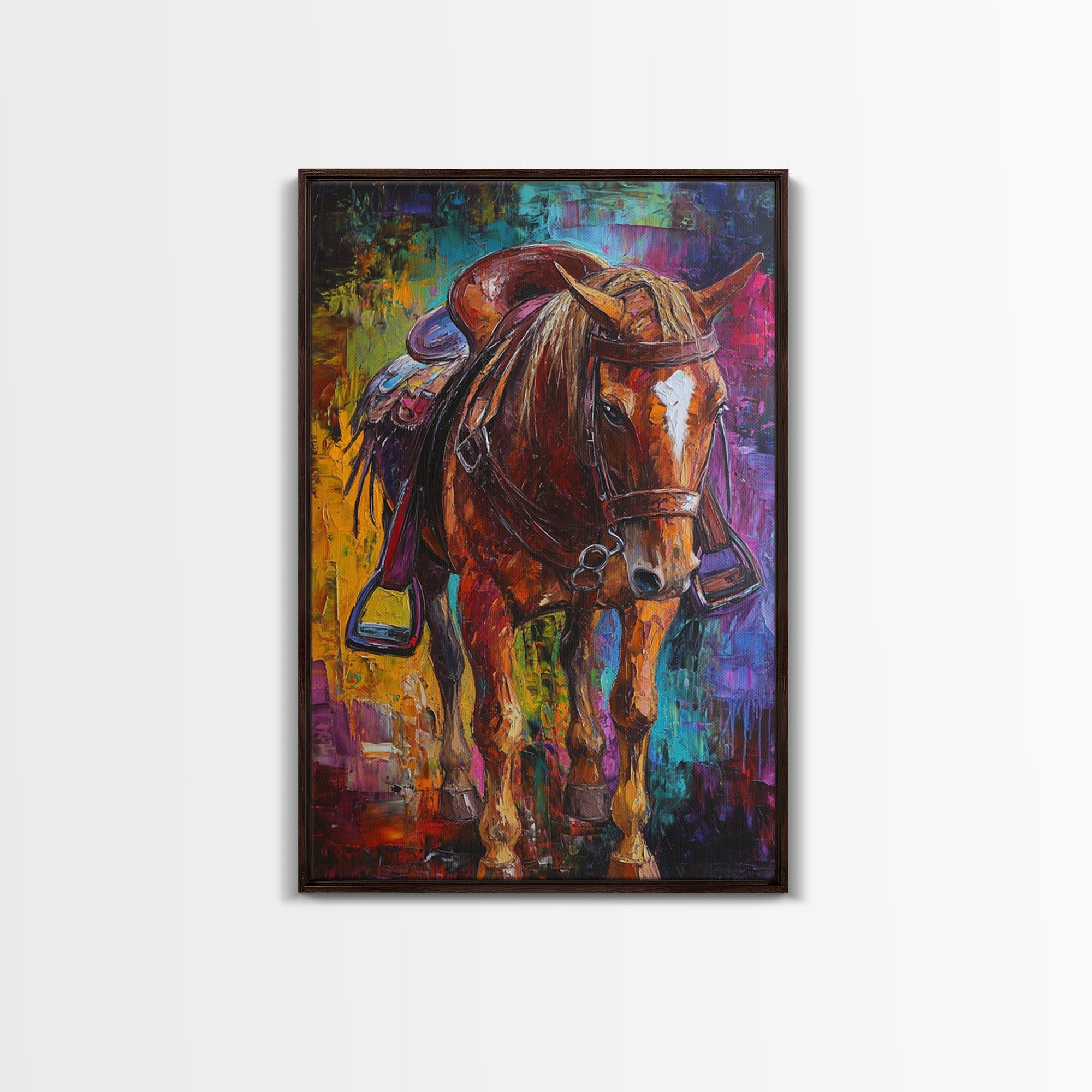 Bold Horse, vibrant painting, horse wall art, colorful western decor, rustic art, above couch art, boho art, Framed Canvas Print