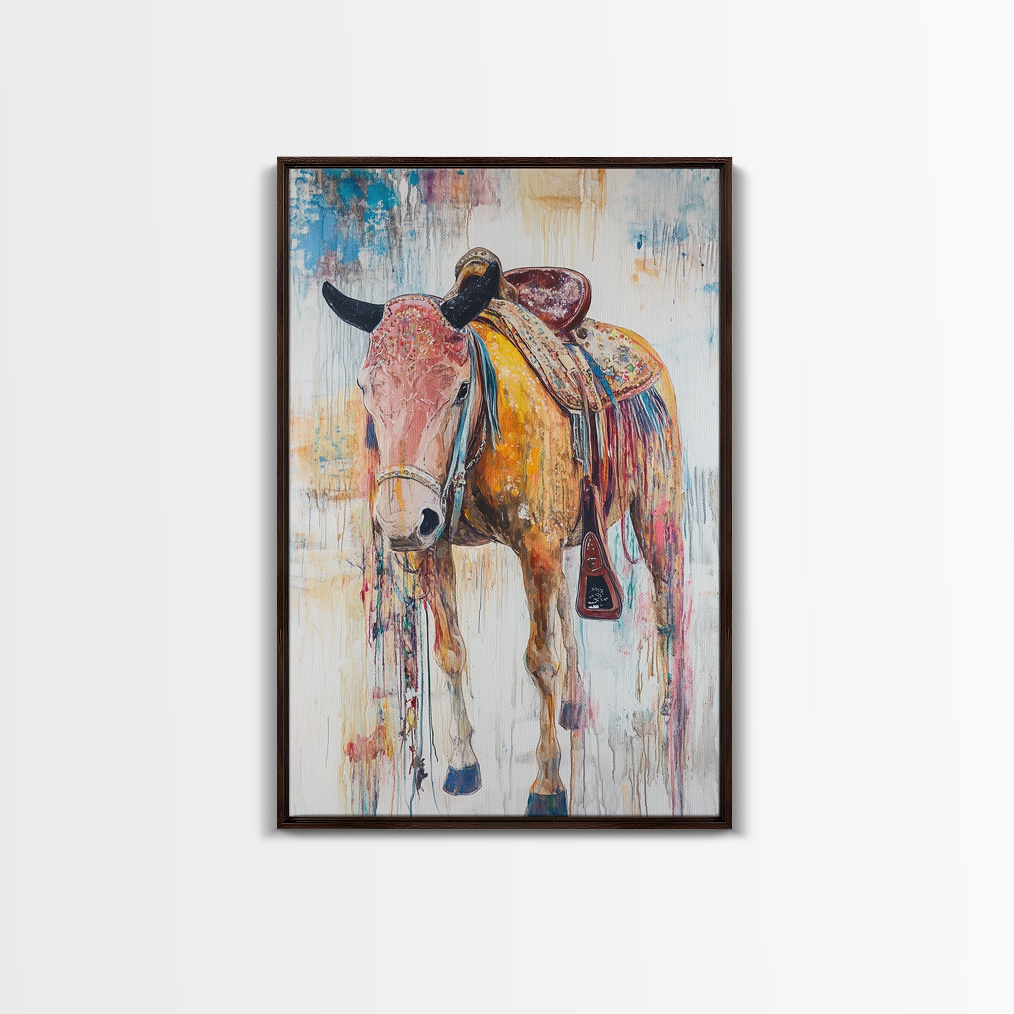 Painted saddle horse, vintage horse art, cowboy decor, rustic wall art, framed canvas print, boho art, above bed wall art, western art