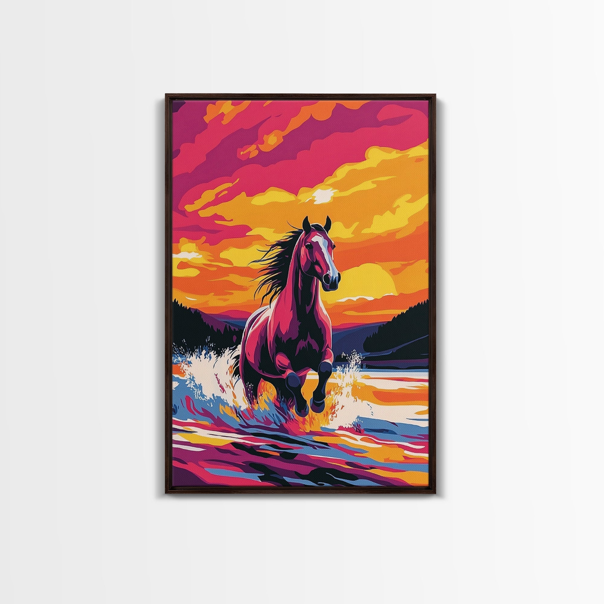 Horse Running, pink orange wall art, vintage horse art, sunset painting, horse wall art, rustic decor, gift idea for her, Canvas Print