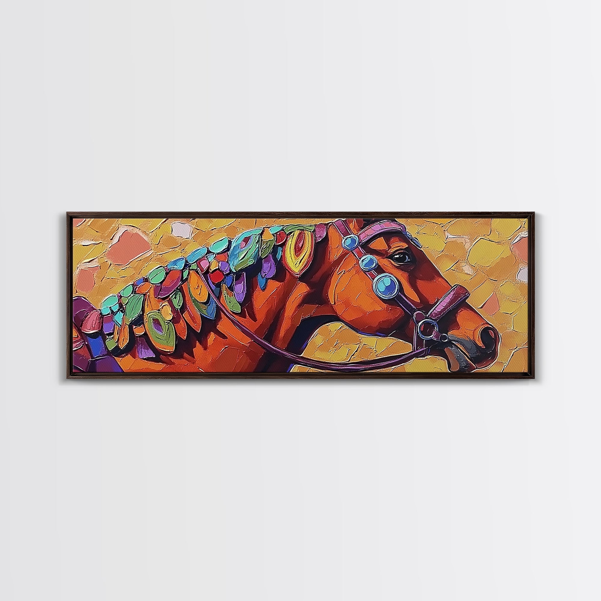 Colorful horse, abstract, horse wall art, rustic art, vintage horse art, panoramic painting, framed canvas print, extra wide art