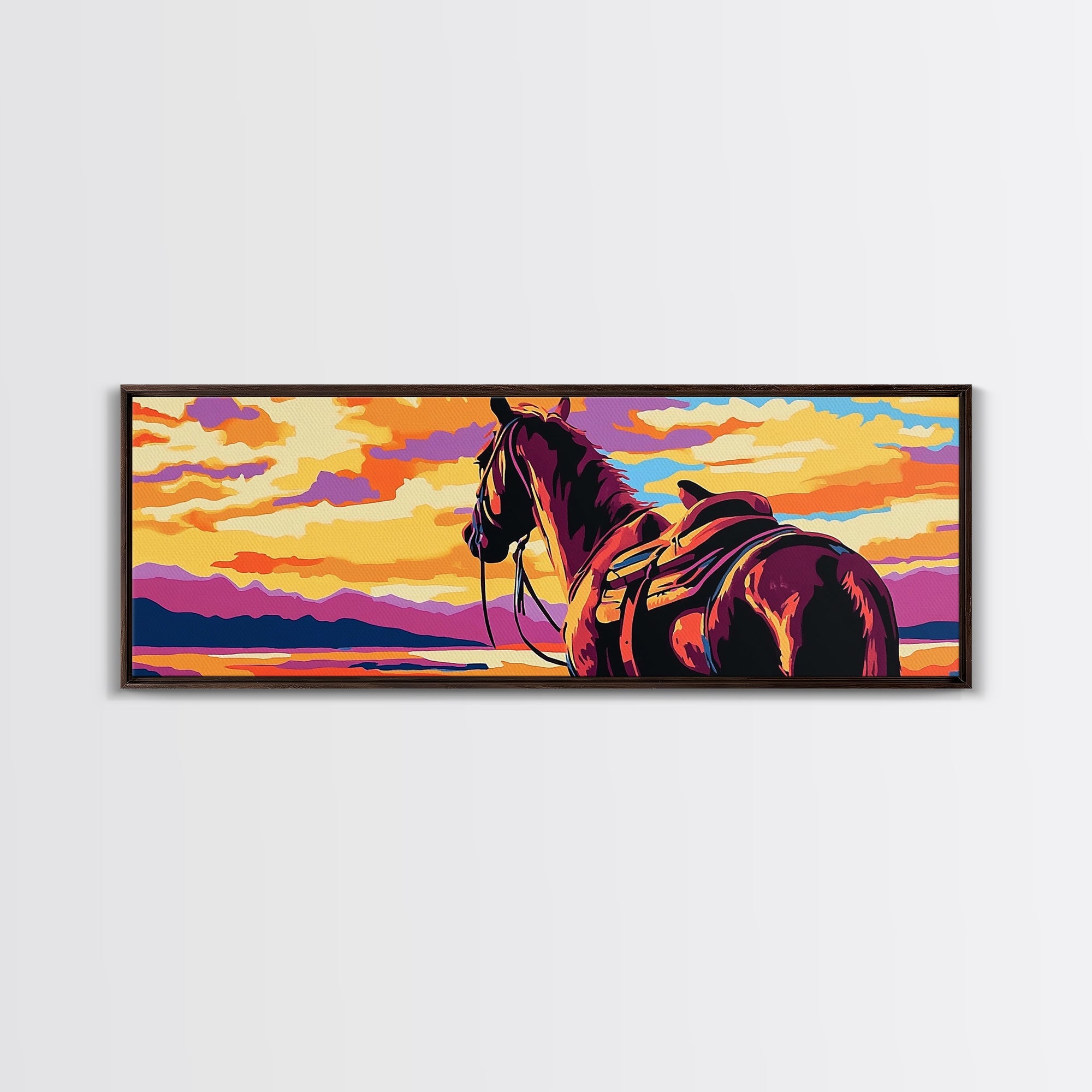 Sunset Horse Painting, southwest wall art, mountain painting, rustic western decor, cowboy wall art, framed canvas print, extra wide art