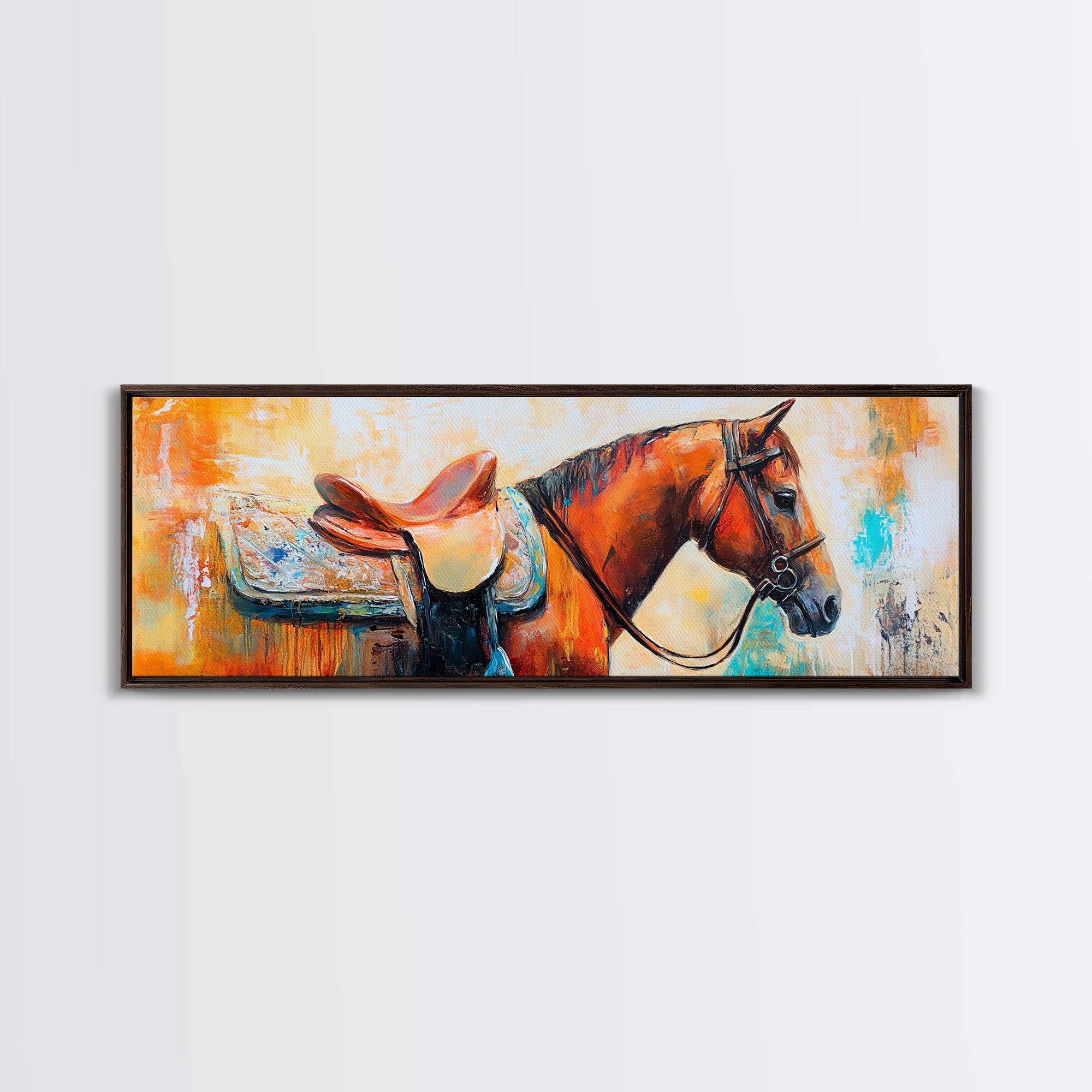 Saddled Horse, vintage horse art, rustic decor, cowboy painting, moody art, farmhouse art, western wall art, framed canvas print