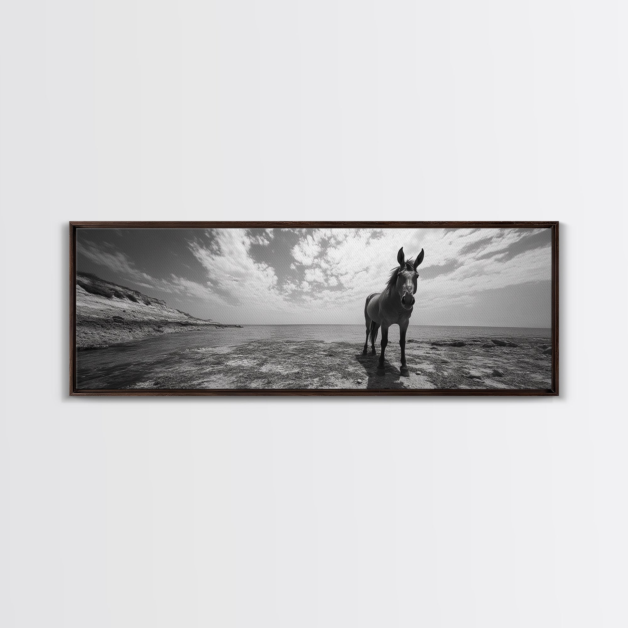 Lone horse, coastal cowgirl, panoramic art, extra wide art, vintage horse art, framed canvas print, rustic decor, seascape painting, moody art