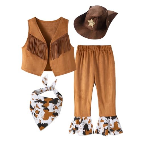 stylesilove Baby Toddler Girls Brown Fringe Vest, Pants, Bandana and Hat 4pcs Halloween Western Cowgirl Clothing Set