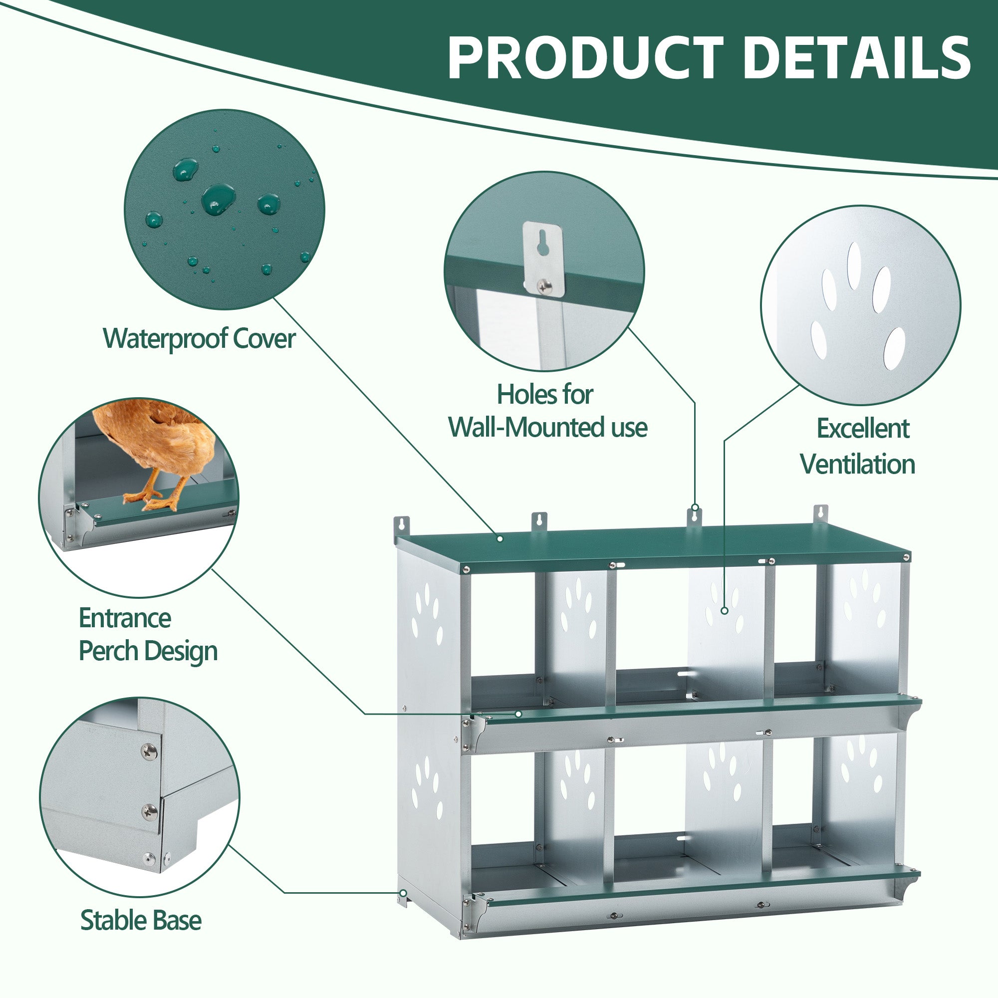 Chicken Nesting Box, 6 Room Metal Nesting Boxes for Chicken