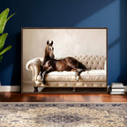 Funny Horse on Sofa Canvas Wall Art, Quirky Horse Lounging Photo
