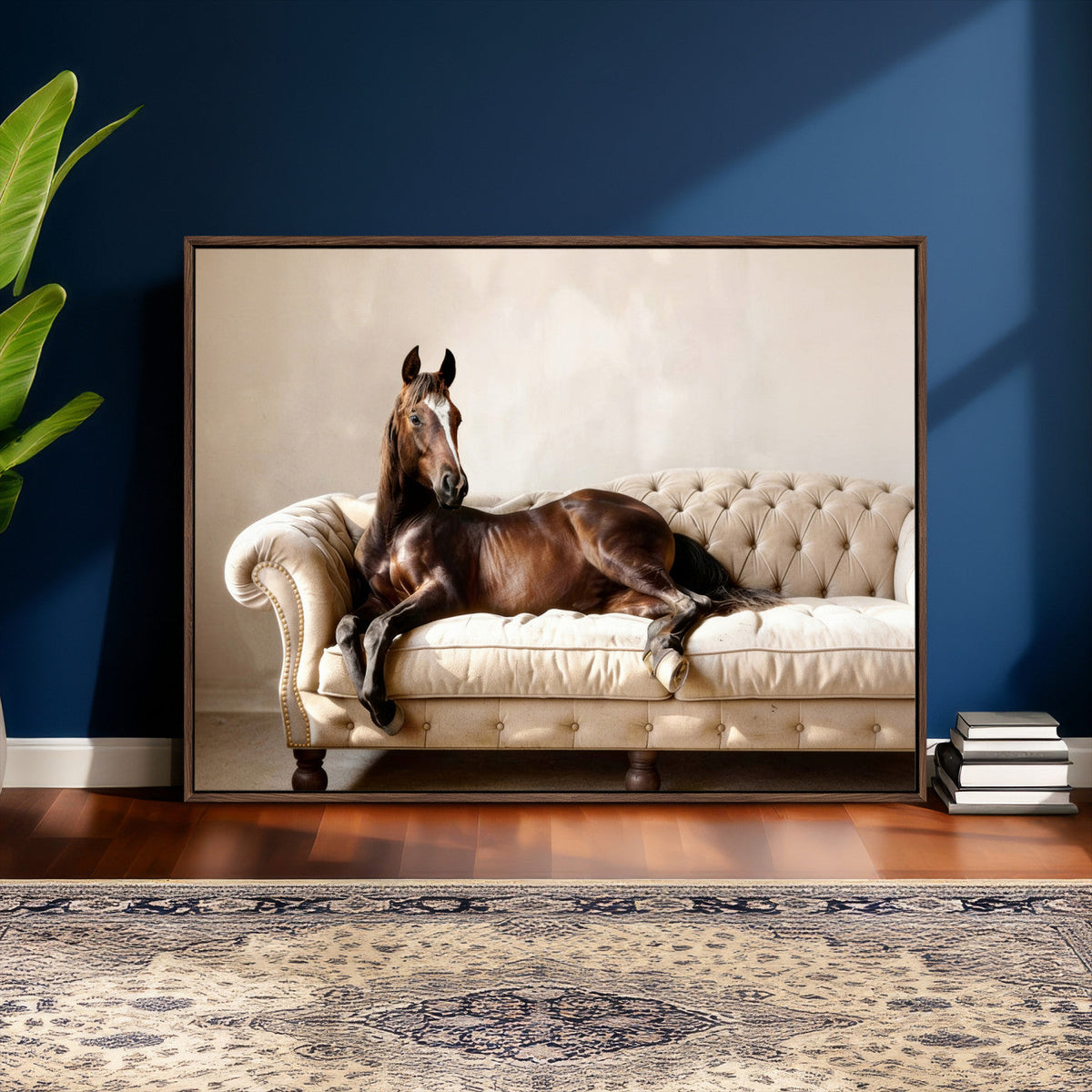 Funny Horse on Sofa Canvas Wall Art, Quirky Horse Lounging Photo
