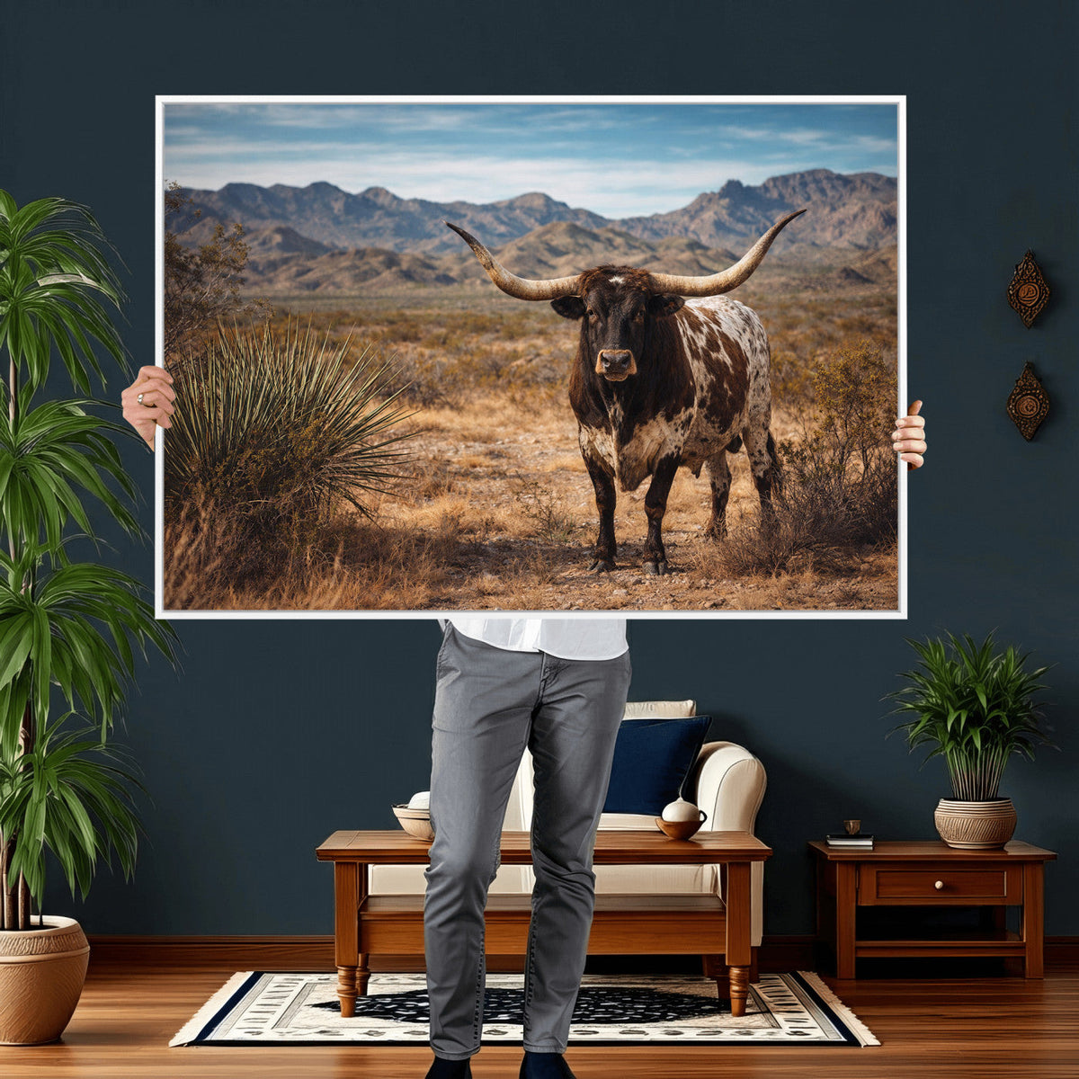 Texas Longhorn Bull Wall Art Canvas Print, Western Farmhouse Decor