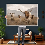 Rustic Texas Longhorn Cow Canvas Wall Art Print, Rustic Farm Animal