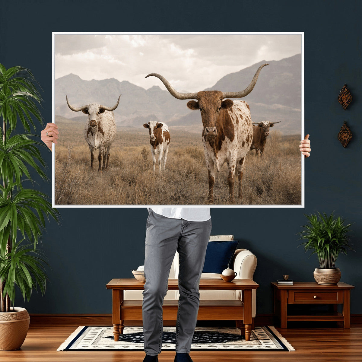 Rustic Texas Longhorn Cow Canvas Wall Art Print, Rustic Farm Animal